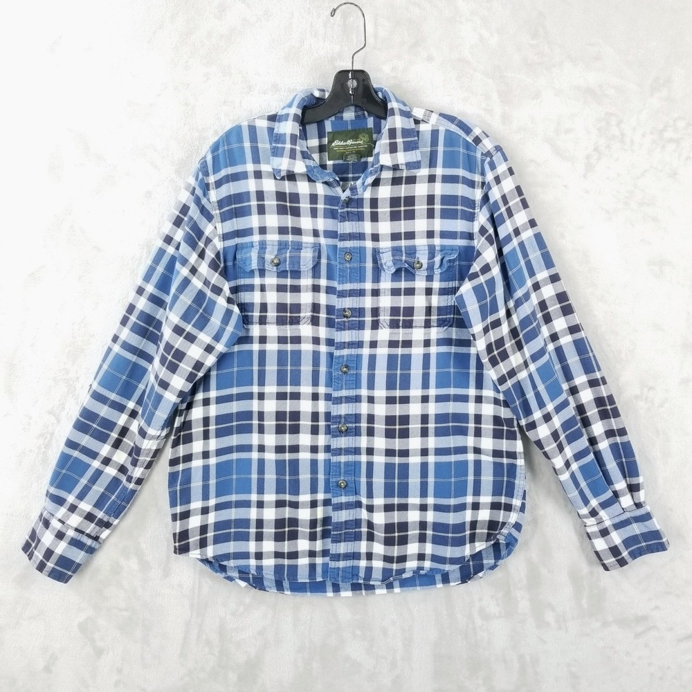 Eddie Bauer Flannel Shirt Mens Medium Blue Plaid Long Sleeve Button Down Cotton